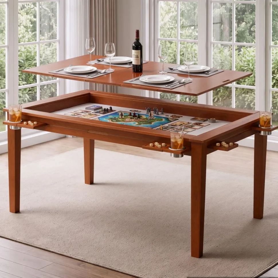VEVOR Board Game Table 2-in-1 Gaming and Dining Table 63 x 39.4 x 30 in, Roomy for 6 Players, with Removable Tabletop, Leather Gaming Mat, 6 Cup Holders & Sliding Trays, 440LBS Solid Wood Support