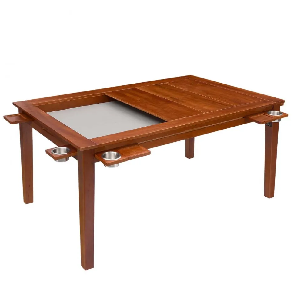 VEVOR Board Game Table 2-in-1 Gaming and Dining Table 63 x 39.4 x 30 in, Roomy for 6 Players, with Removable Tabletop, Leather Gaming Mat, 6 Cup Holders & Sliding Trays, 440LBS Solid Wood Support