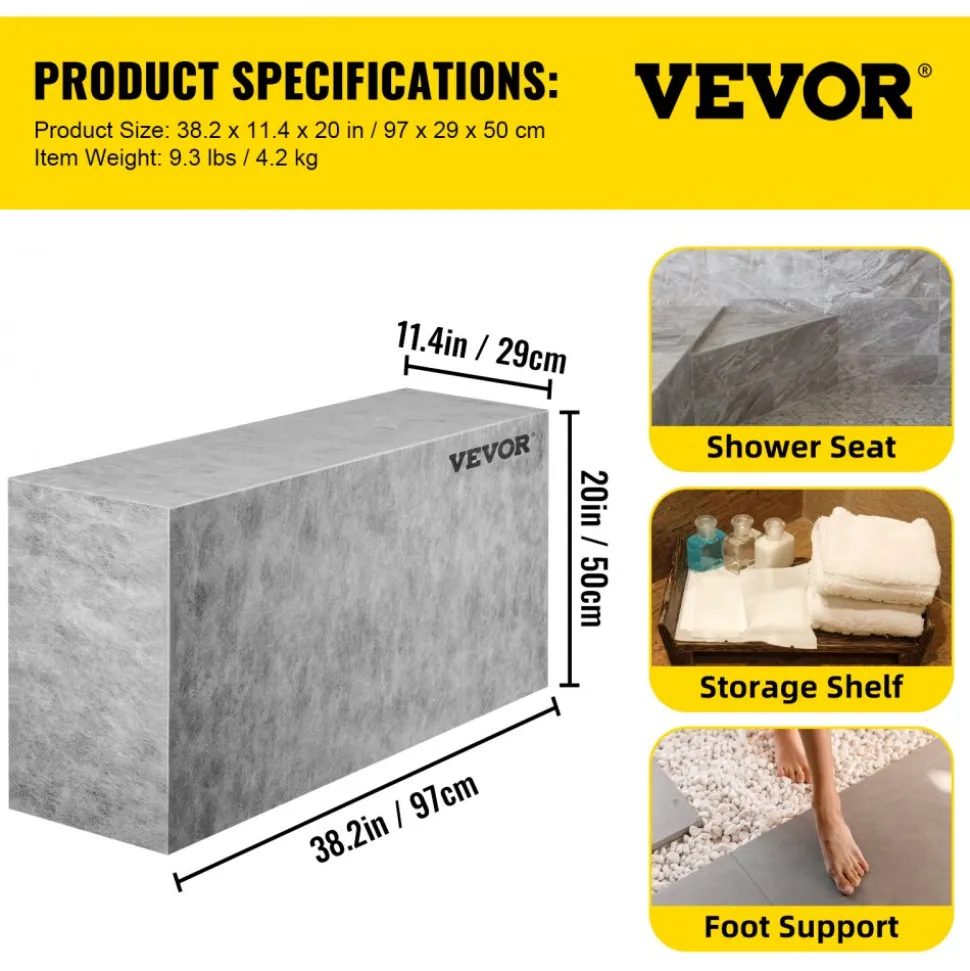 VEVOR Board Shower Bench Rectangle Bench Ready to Tile&Waterproof 38.2x11.4x20"