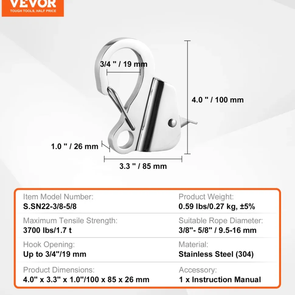 VEVOR Boat Anchor Hook, 304 Stainless Steel Slide Anchor, Knotless Anchor System with Quick Release, Boat Anchor Hook Clips for 3/8" - 5/8" Boat Anchor Rope, Easy to Use, Holds 3700 LBS