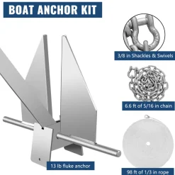 VEVOR Boat Anchor Kit 13 lb Fluke Style Anchor, Hot Dipped Galvanized Steel Fluke Anchor, Marine Anchor with Anchor, Shackles, Chain, Rope for Boat Mooring on The Beach, Boats from 20'-32'