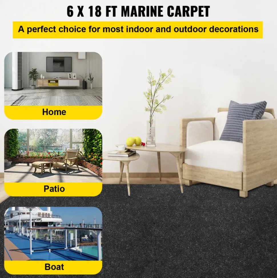 VEVOR Boat Carpet, 6 ft x 18 ft Marine Carpet for Boats, Waterproof Black Indoor Outdoor Carpet with Marine Backing Anti-Slide Marine Grade Boat Carpet Cuttable Easy to Clean Patio Rugs Deck Rug