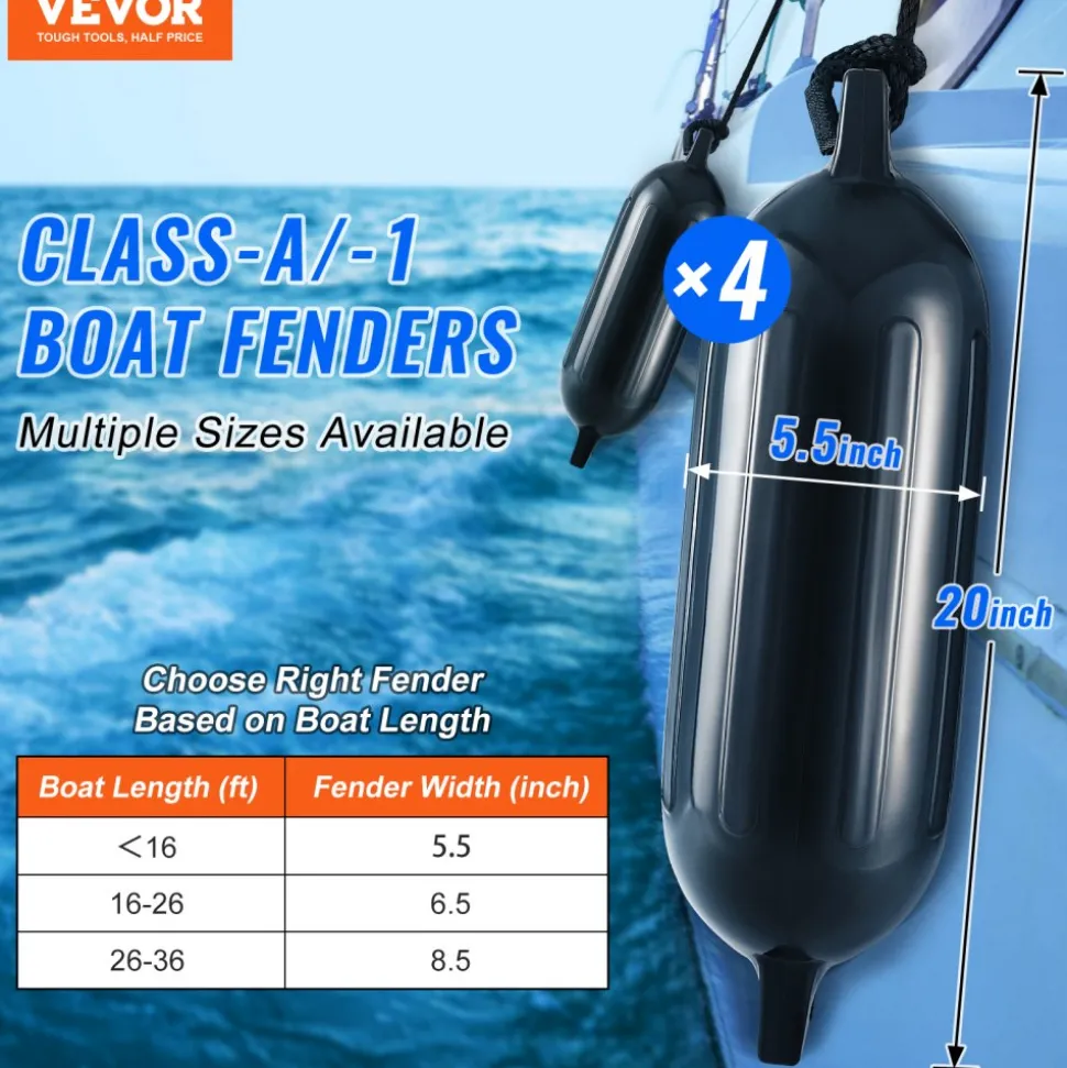 VEVOR Boat Fenders, 5.5" x 20" Boat Bumpers for Docking, Inflatable Ribbed Fender with Center Holes, Marine Boat Dock Fender Bumper with Air Pump, 4 Needles and 4 Ropes and Storage Bag, Black