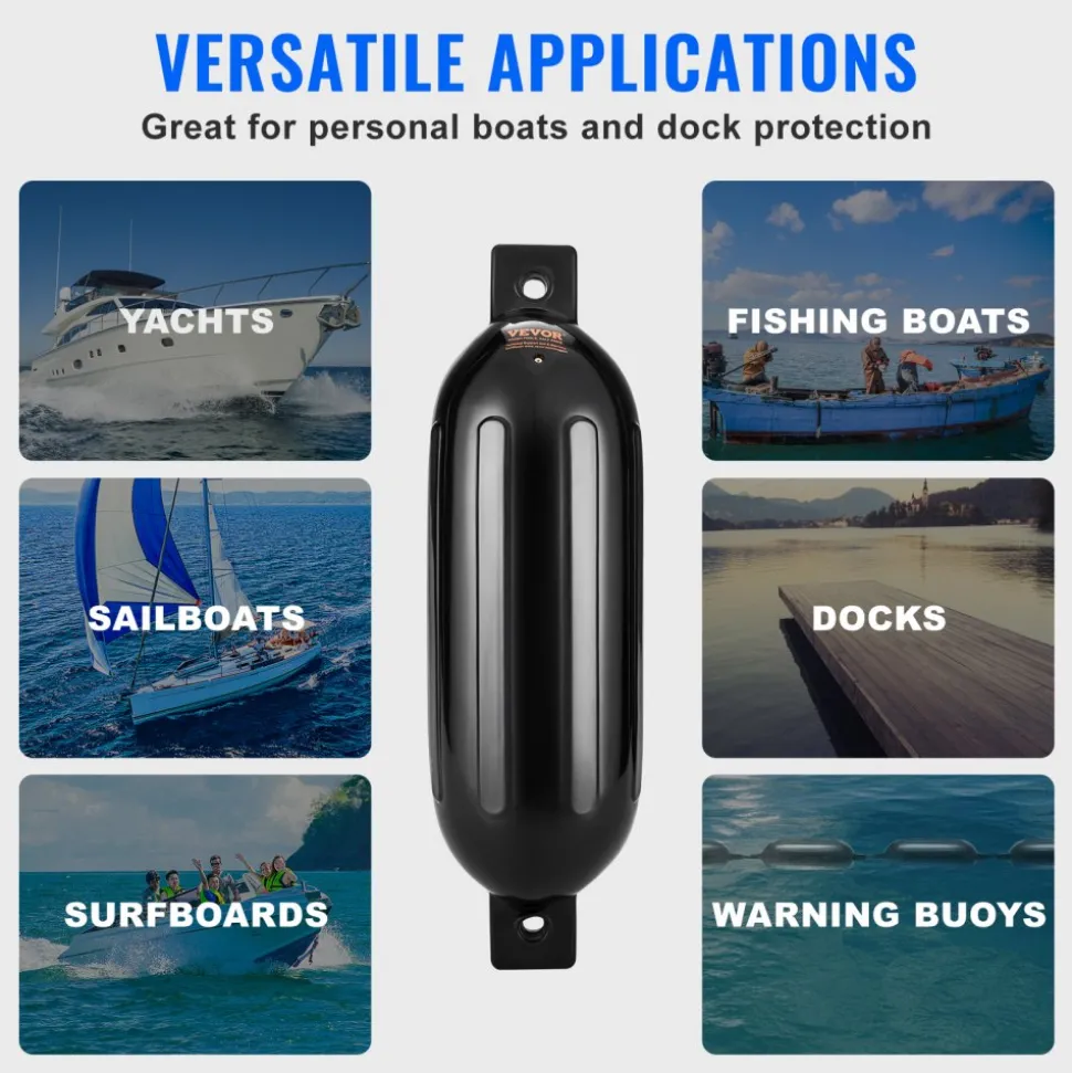 VEVOR Boat Fenders, 5.5" x 20" Boat Bumpers for Docking, Inflatable Ribbed Fender with Center Holes, Marine Boat Dock Fender Bumper with Air Pump, 4 Needles and 4 Ropes and Storage Bag, Black