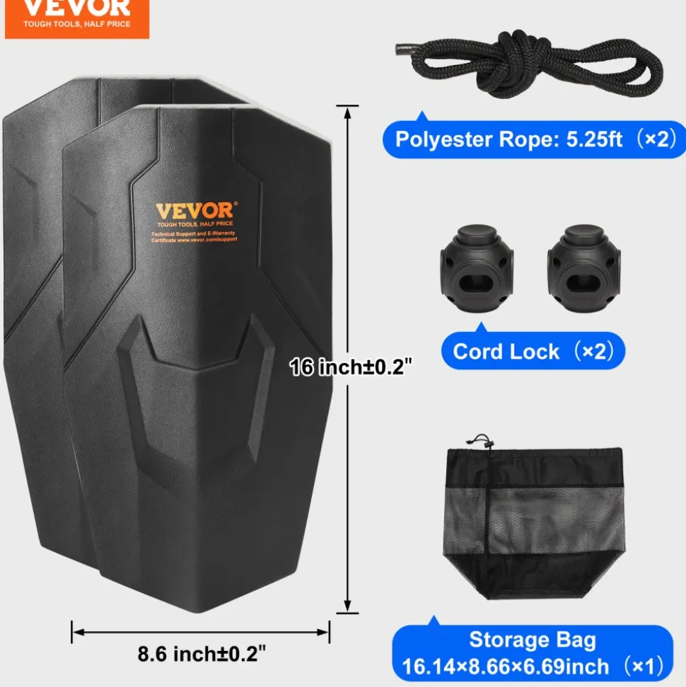 VEVOR Boat Fenders, 8.6" x 16" Boat Bumpers for Docking, Marine EVA Boat Dock Fender Bumper with Ropes, Cord Locks and Storage Bag, No Inflation Required, for Class A/Class 1/Part Class 2, Black