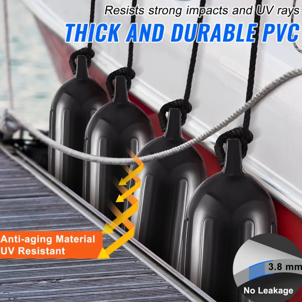 VEVOR Boat Fenders, 8.5" x 26" Boat Bumpers for Docking, Inflatable Ribbed Fender with Center Holes, Marine Boat Dock Fender Bumper with Air Pump, 4 Needles and 4 Ropes and Storage Bag, Black