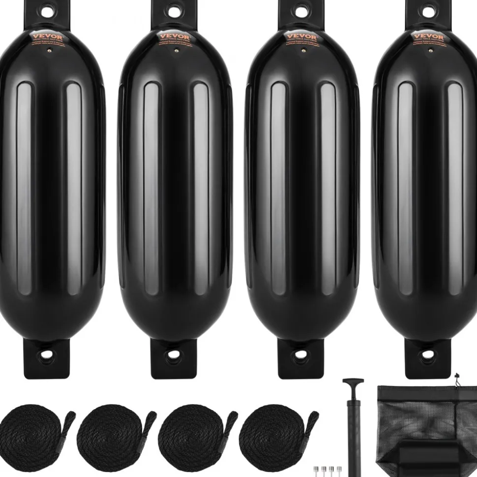 VEVOR Boat Fenders, 6.5" x 23" Boat Bumpers for Docking, Inflatable Ribbed Fender with Center Holes, Marine Boat Dock Fender Bumper with Air Pump, 4 Needles and 4 Ropes and Storage Bag, Black