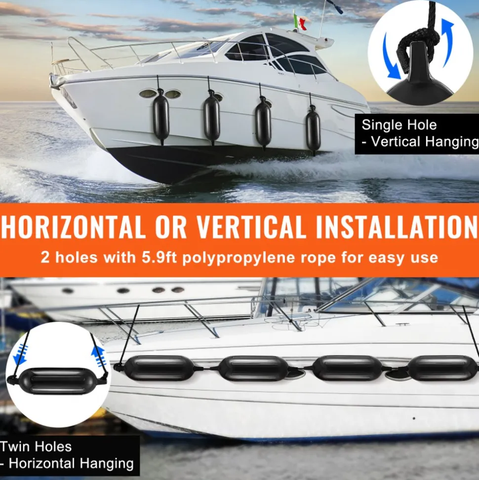 VEVOR Boat Fenders, 6.5" x 23" Boat Bumpers for Docking, Inflatable Ribbed Fender with Center Holes, Marine Boat Dock Fender Bumper with Air Pump, 4 Needles and 4 Ropes and Storage Bag, Black