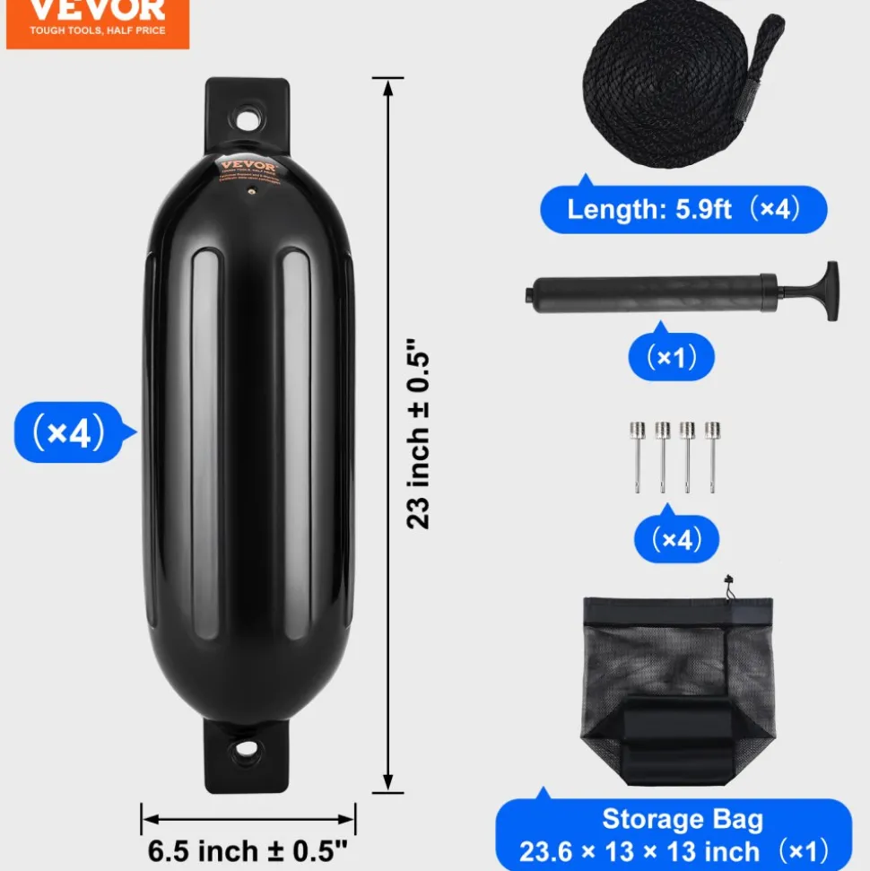 VEVOR Boat Fenders, 6.5" x 23" Boat Bumpers for Docking, Inflatable Ribbed Fender with Center Holes, Marine Boat Dock Fender Bumper with Air Pump, 4 Needles and 4 Ropes and Storage Bag, Black