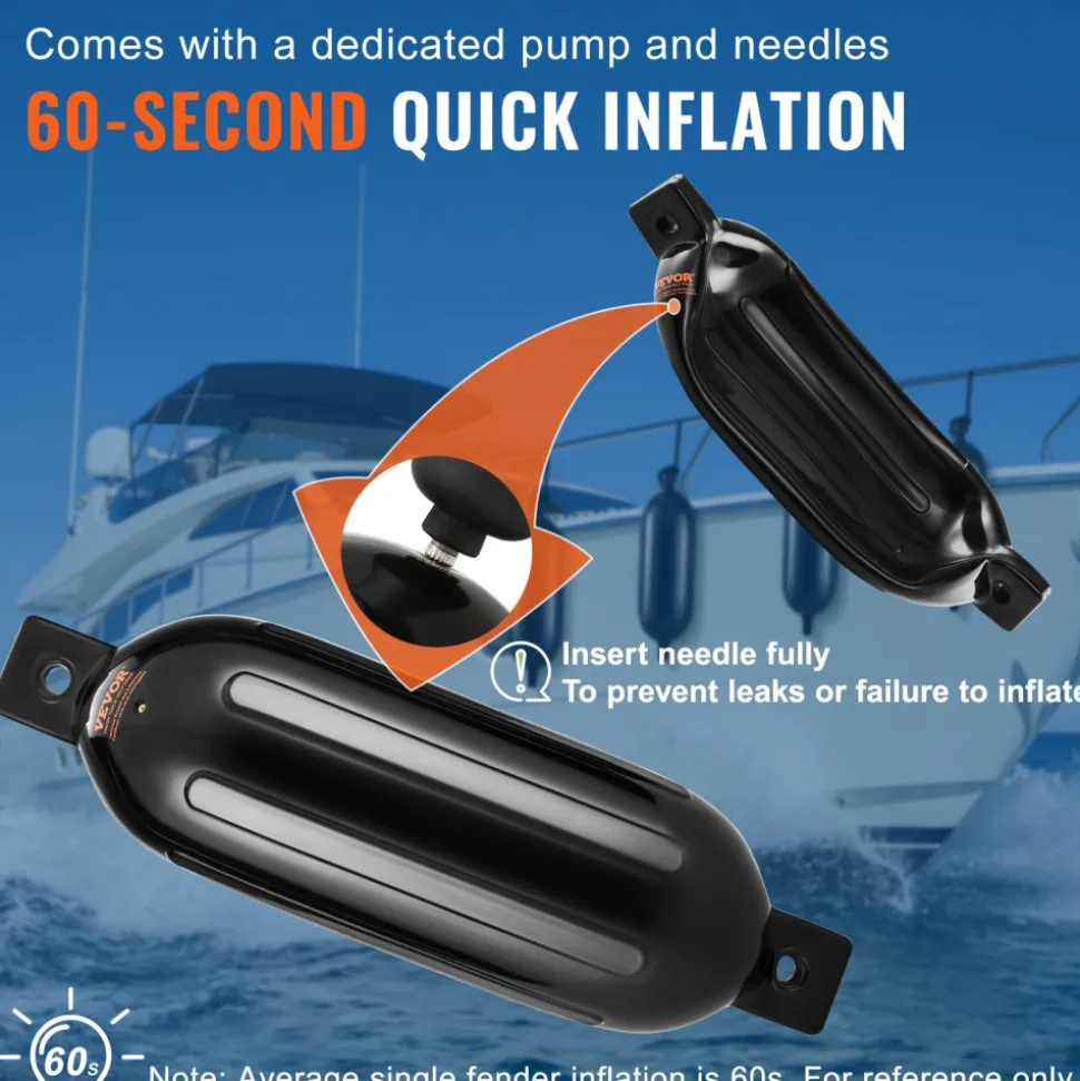 VEVOR Boat Fenders, 6.5" x 23" Boat Bumpers for Docking, Inflatable Ribbed Fender with Center Holes, Marine Boat Dock Fender Bumper with Air Pump, 4 Needles and 4 Ropes and Storage Bag, Black