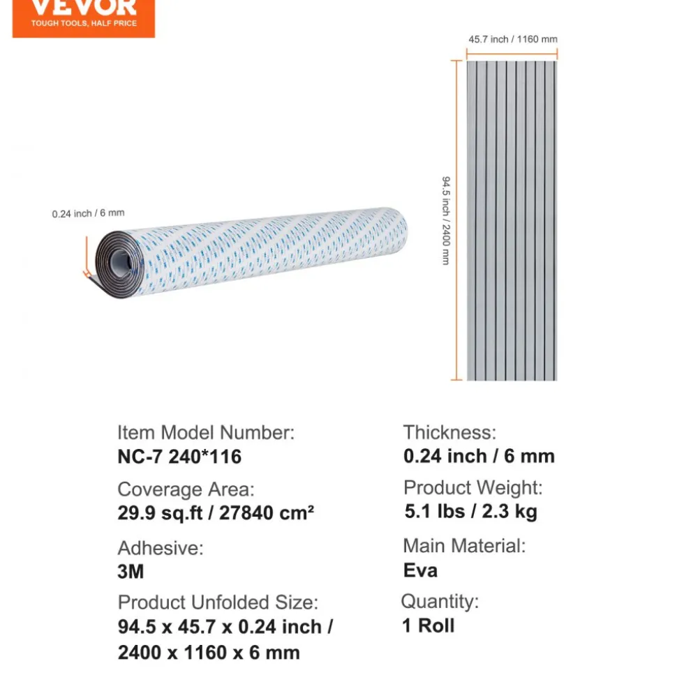 VEVOR Boat Flooring, EVA Foam Boat Decking 94.5" x 45.7", Non-Slip Self-Adhesive Flooring, 29.9 sq.ft Marine Carpet for Boats, Yacht, Pontoon, Kayak Decking