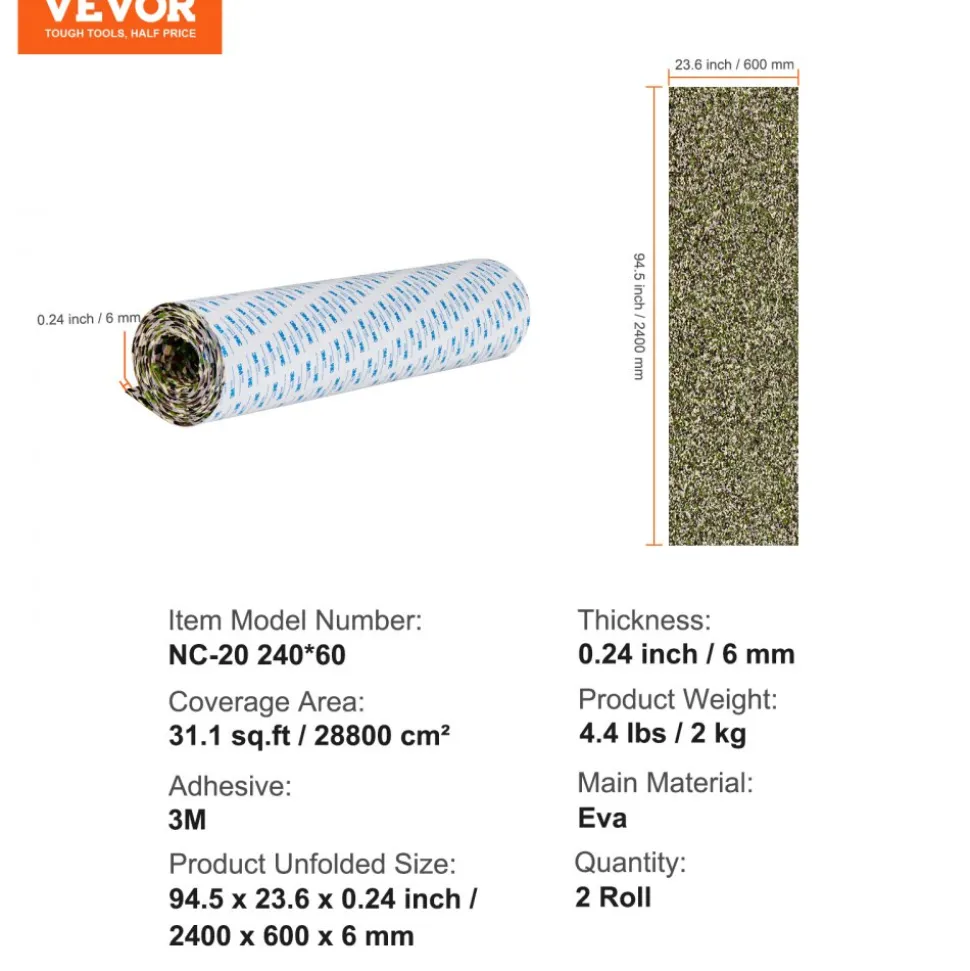 VEVOR Boat Flooring, EVA Foam Boat Decking 94.5" x 23.6", Non-Slip Self-Adhesive Flooring, 31.1sq.ft 2 Rolls of Marine Carpet for Boats, Yacht, Pontoon, Kayak Decking