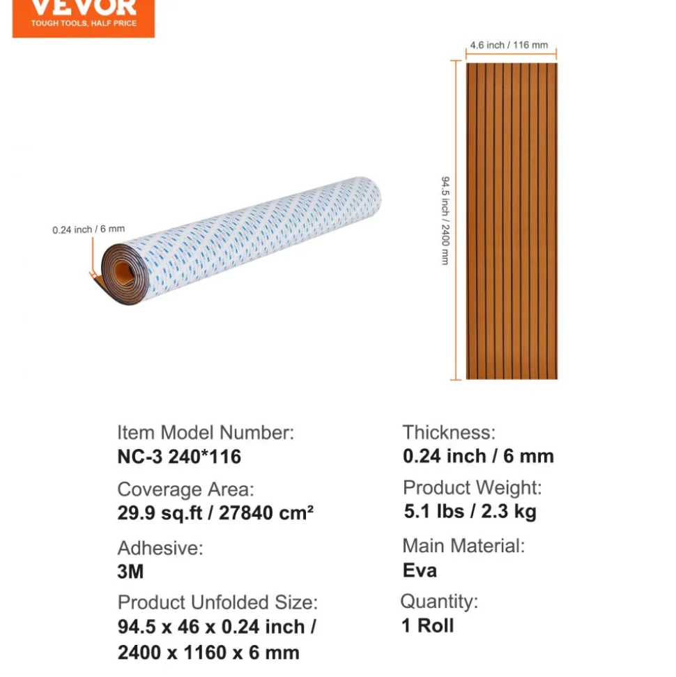 VEVOR Boat Flooring, EVA Foam Boat Decking 94.5" x 46", Non-Slip Self-Adhesive Flooring, 29.9 sq.ft Marine Carpet for Boats, Yacht, Pontoon, Kayak Decking