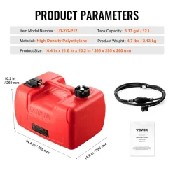 VEVOR Boat Fuel Tank, 3.17-Gallon/12-L Marine Outboard Transfer Tank, Transfer Tank with 9.8ft Hose, Gauge for Outboard Engine, Yacht, Fishing Boat, Deck, Red