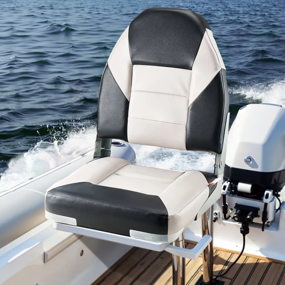 VEVOR Boat Seat, High Backrest, Folding Fishing Boat Seat with Thickened Sponge Cushion & Waterproof PVC Leather, Aluminum Alloy Hinges, Flip Up Boat Seat for Boats, Yachts, Ships, Black & Grey