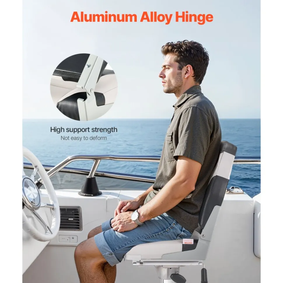 VEVOR Boat Seat, High Backrest, Folding Fishing Boat Seat with Thickened Sponge Cushion & Waterproof PVC Leather, Aluminum Alloy Hinges, Flip Up Boat Seat for Boats, Yachts, Ships, Black & Grey