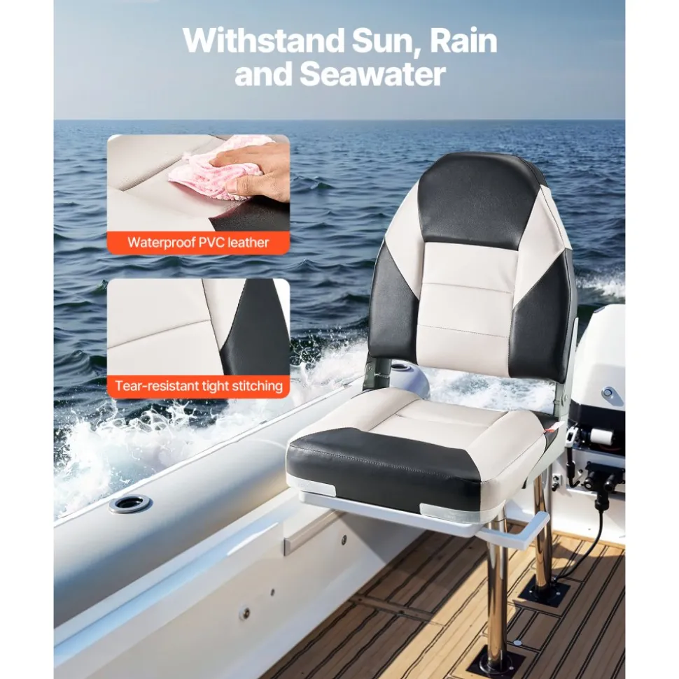 VEVOR Boat Seat, High Backrest, Folding Fishing Boat Seat with Thickened Sponge Cushion & Waterproof PVC Leather, Aluminum Alloy Hinges, Flip Up Boat Seat for Boats, Yachts, Ships, Black & Grey