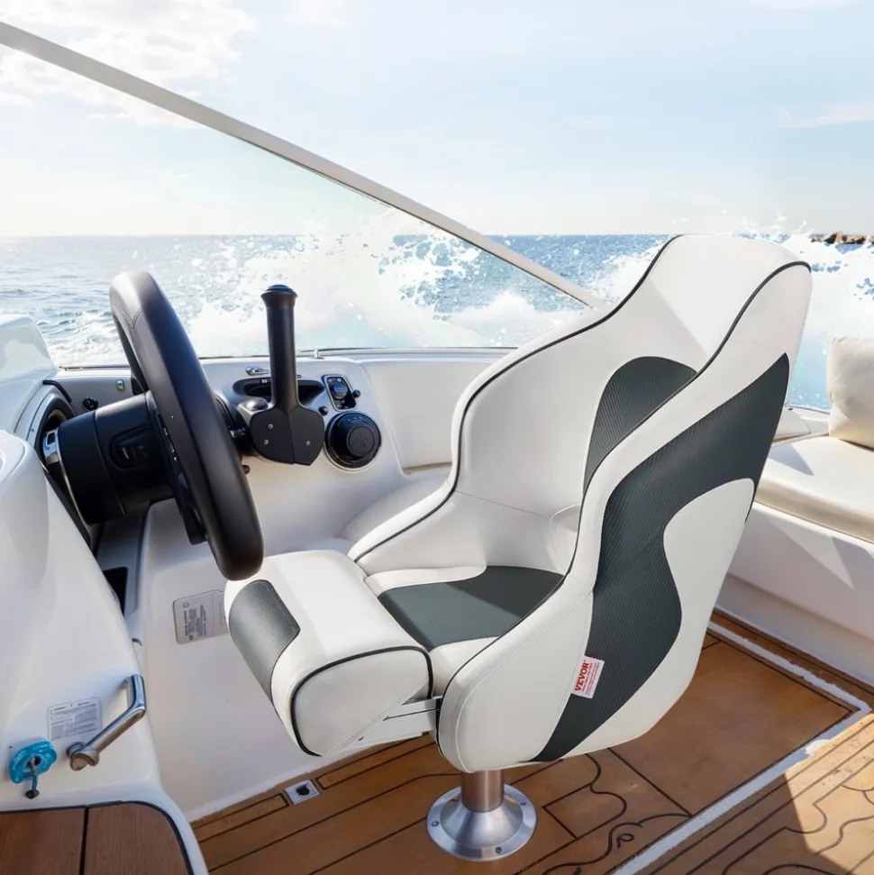 VEVOR Boat Seat, High Backrest, Flip Up Boat Seat Captain Bucket Seat with Thickened Sponge Cushion & Waterproof PVC Leather, Ergonomic Design, Folding Boat Seat for Boats, Yachts, Ships, White & Grey