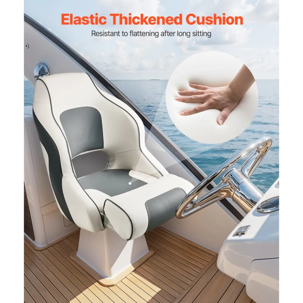 VEVOR Boat Seat, High Backrest, Flip Up Boat Seat Captain Bucket Seat with Thickened Sponge Cushion & Waterproof PVC Leather, Ergonomic Design, Folding Boat Seat for Boats, Yachts, Ships, White & Grey