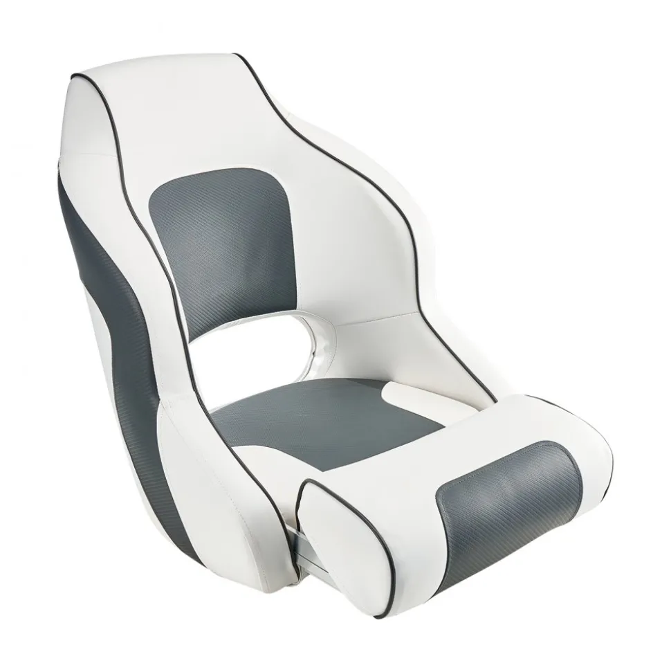 VEVOR Boat Seat, High Backrest, Flip Up Boat Seat Captain Bucket Seat with Thickened Sponge Cushion & Waterproof PVC Leather, Ergonomic Design, Folding Boat Seat for Boats, Yachts, Ships, White & Grey