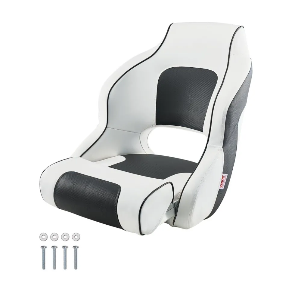 VEVOR Boat Seat, High Backrest, Flip Up Boat Seat Captain Bucket Seat with Thickened Sponge Cushion & Waterproof PVC Leather, Ergonomic Design, Folding Boat Seat for Boats, Yachts, Ships, White & Grey