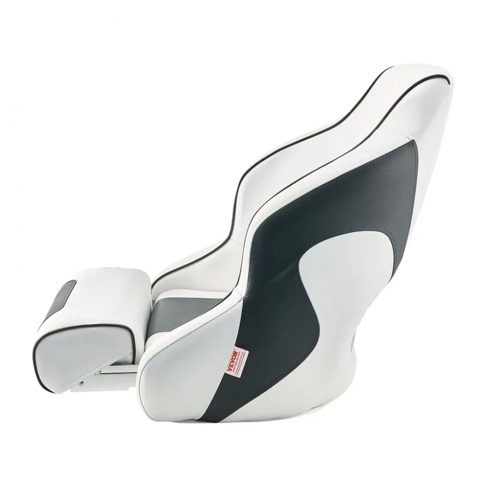 VEVOR Boat Seat, High Backrest, Flip Up Boat Seat Captain Bucket Seat with Thickened Sponge Cushion & Waterproof PVC Leather, Ergonomic Design, Folding Boat Seat for Boats, Yachts, Ships, White & Grey