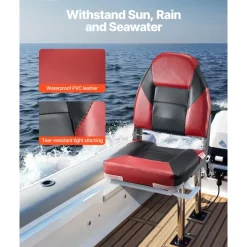 VEVOR Boat Seat, High Backrest, Folding Fishing Boat Seat with Thickened Sponge Cushion & Waterproof PVC Leather, Aluminum Alloy Hinges, Flip Up Boat Seat for Boats, Yachts, Ships, Black & Red