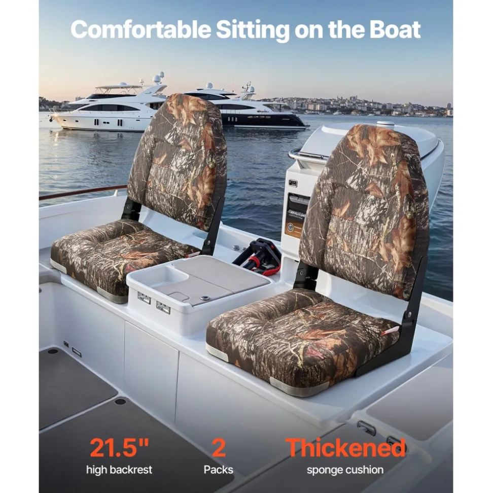 VEVOR Boat Seat, High Backrest, Folding Fishing Boat Seat with Thickened Sponge Cushion & PU Polyester Fabric, Aluminum Alloy Hinges, Flip Up Boat Seat for Boats, Yachts, Ships, Camouflage (2 Seats)