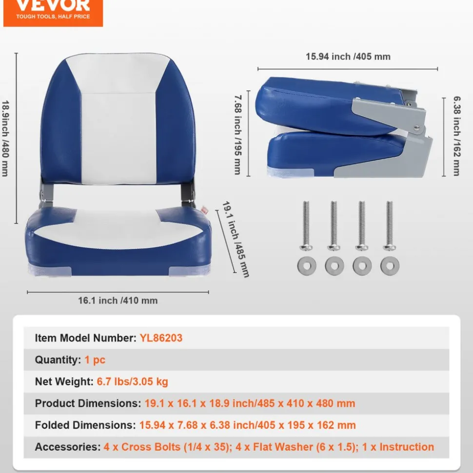 VEVOR Boat Seat, 18.9" Low Back Boat Seat, Folding Boat Chair with Thickened Sponge Padding and Hinge, Fold-Down Boat Captain Chair for Fishing Boat, Sightseeing Boat, Speedboat, Canoe, 1-Piece