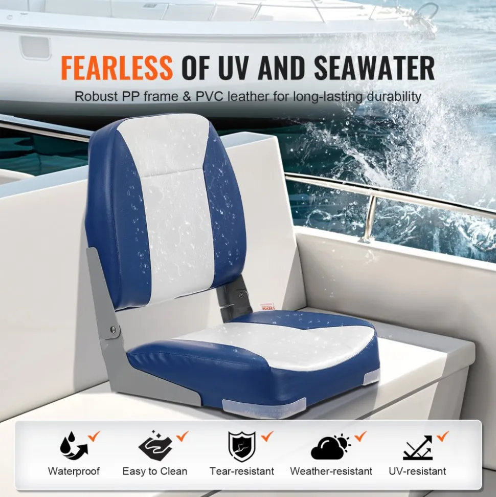 VEVOR Boat Seat, 18.9" Low Back Boat Seat, Folding Boat Chair with Thickened Sponge Padding and Hinge, Fold-Down Boat Captain Chair for Fishing Boat, Sightseeing Boat, Speedboat, Canoe, 1-Piece