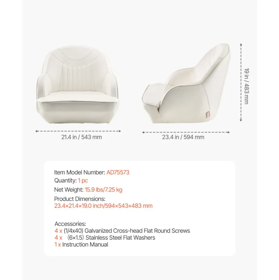 VEVOR Boat Seat, Low Backrest, Boat Seat Captain Bucket Seat with Thickened Sponge Cushion & Waterproof PVC Leather, Ergonomic Design, Suitable for Fishing Boats, Yachts, Ships, White