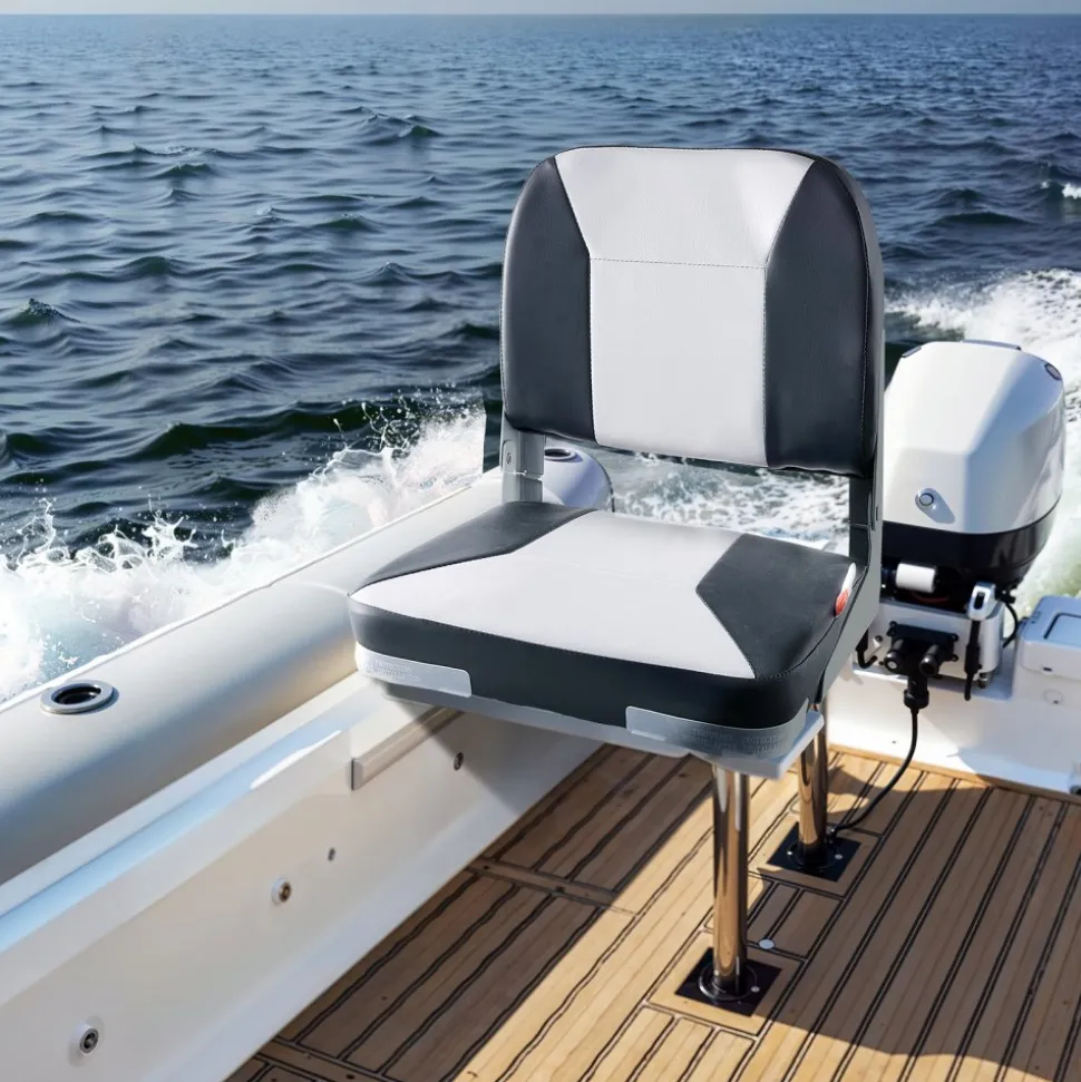 VEVOR Boat Seat, Low Backrest, Folding Fishing Boat Seat with Thickened Sponge Cushion & Waterproof PVC Leather, Aluminum Alloy Hinges, Flip Up Boat Seat for Fishing Boats, Yachts, Ships, Black & Grey