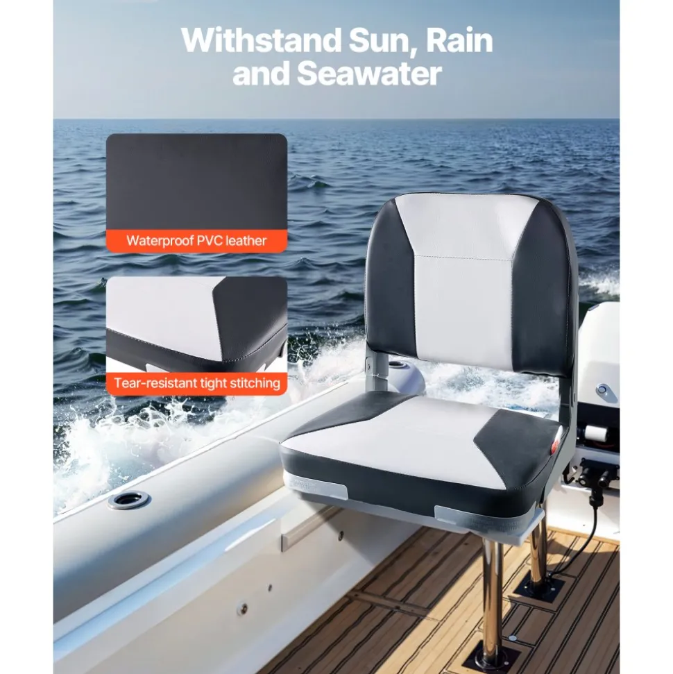 VEVOR Boat Seat, Low Backrest, Folding Fishing Boat Seat with Thickened Sponge Cushion & Waterproof PVC Leather, Aluminum Alloy Hinges, Flip Up Boat Seat for Fishing Boats, Yachts, Ships, Black & Grey