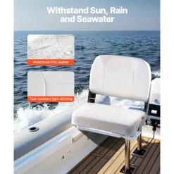 VEVOR Boat Seat, Low Backrest, Folding Fishing Boat Seat with Thickened Sponge Cushion & Waterproof PVC Leather, Aluminum Alloy Hinges, Flip Up Boat Seat for Fishing Boats, Yachts, Ships, White