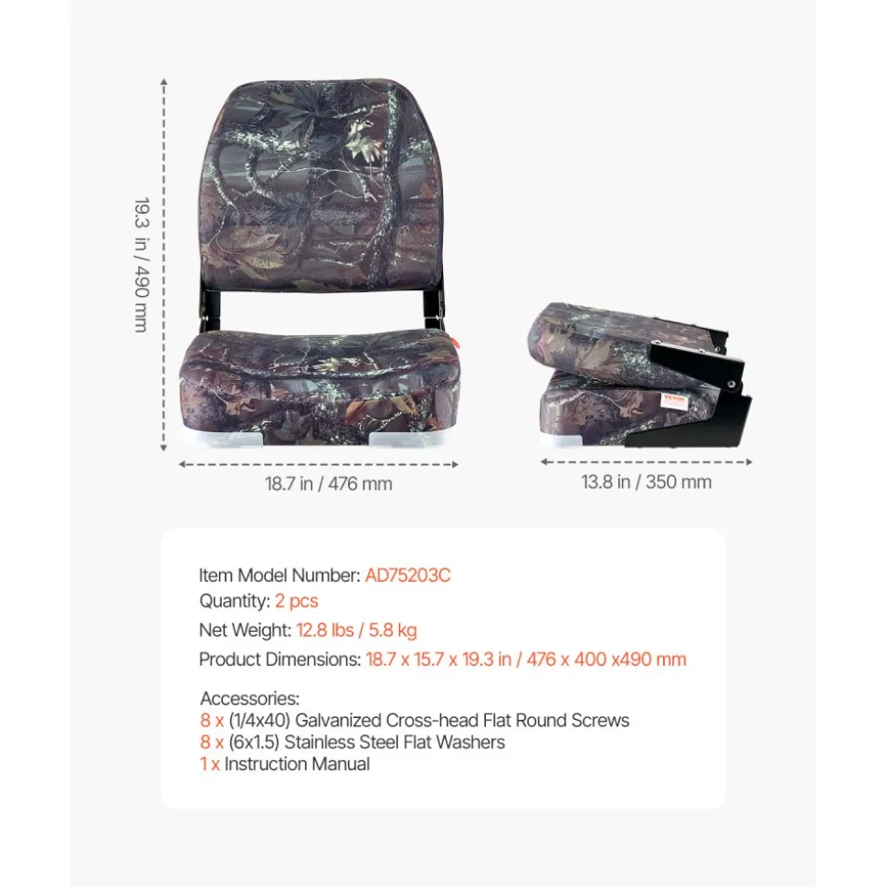 VEVOR Boat Seat, Low Backrest, Folding Fishing Boat Seat with Thickened Sponge Cushion & PU Polyester Fabric, Strong PP Frame, Flip Up Boat Seat for Boats, Yachts, Ships, Camouflage Color (2 Seats)