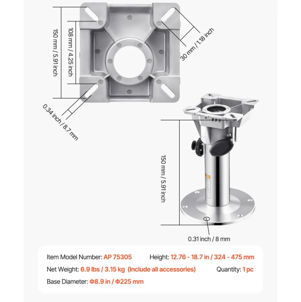 VEVOR Boat Seat Pedestal, Adjustable Height from 12.76 to 18.7 Inches, Aluminum Alloy Boat Chair Base with Locking Design, Waterproof & Rust-resistant, Ideal for Fishing and Boating Enthusiasts