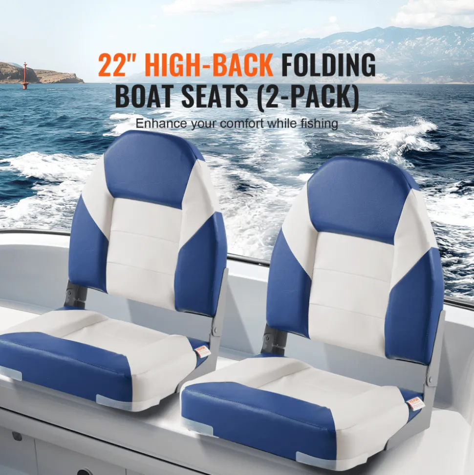VEVOR Boat Seats, 21.85" High Back Boat Seat, Folding Boat Chair with Thickened Sponge Padding and Hinge, Fold-Down Boat Captain Chairs for Fishing Boat, Sightseeing Boat, Speedboat, Canoe, 2-Pack