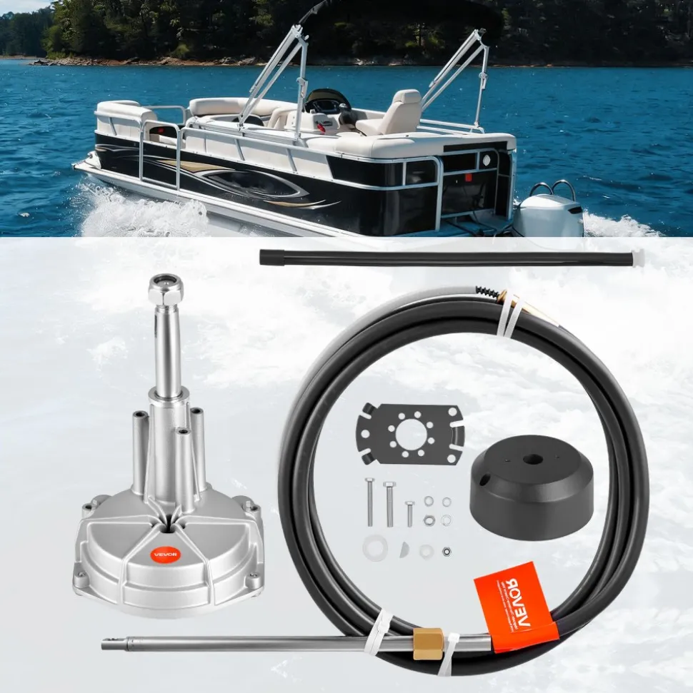 VEVOR Boat Steering System, 17 ft Boat Control Cable Outboard Rotary Steering System Kit with Aluminum Alloy Helm, Durable Marine Replacement for Fishing Boats, Small Sailboats, Speedboats, Lifeboats