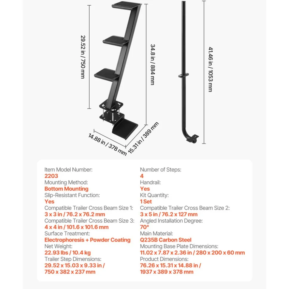 VEVOR Boat Trailer Steps, 4-Step, Heavy-Duty Boat Trailer Steps with Handle, Non-Slip Surface, 3 Mounting Angle Options, Carbon Steel Ladder Suitable for 3" x 3"/3" x 5"/4" x 4" Frame, Bottom Mounting