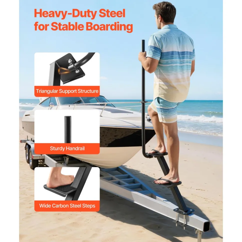 VEVOR Boat Trailer Steps, 2-Step, Heavy-Duty Boat Trailer Steps with Handle, Non-Slip Surface, 3 Mounting Angle Options, Carbon Steel Ladder Suitable for 3" x 3"/3" x 5"/4" x 4" Frame, Bottom Mounting