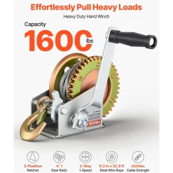 VEVOR Boat Winch, 1600 lbs Hand Winch, Heavy Duty Manual Rope Crank with 32.8ft Steel Wire, Portable Two-Way Ratchet, Anti-Slip Handle, Easy Installation Gear for Boat Trailer ATV Towing