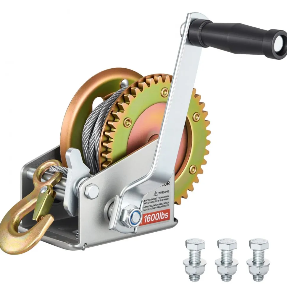 VEVOR Boat Winch, 1600 lbs Hand Winch, Heavy Duty Manual Rope Crank with 32.8ft Steel Wire, Portable Two-Way Ratchet, Anti-Slip Handle, Easy Installation Gear for Boat Trailer ATV Towing