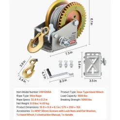 VEVOR Boat Winch, 1600 lbs Hand Winch, Heavy Duty Manual Rope Crank with 32.8ft Steel Wire, Portable Two-Way Ratchet, Anti-Slip Handle, Easy Installation Gear for Boat Trailer ATV Towing