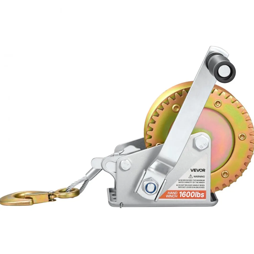 VEVOR Boat Winch, 1600 lbs Hand Winch, Heavy Duty Manual Rope Crank with 32.8ft Steel Wire, Portable Two-Way Ratchet, Anti-Slip Handle, Easy Installation Gear for Boat Trailer ATV Towing