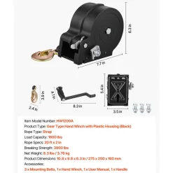 VEVOR Boat Winch, 1600 lbs Hand Winch, Heavy Duty Manual Rope Crank with 20ft Orange Polyester Strap, Portable Two-Way Ratchet, 2 Speed Switchable, Anti-Slip Handle Gear for Boat Trailer ATV Towing