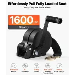 VEVOR Boat Winch, 1600 lbs Hand Winch, Heavy Duty Manual Rope Crank with 20ft Orange Polyester Strap, Portable Two-Way Ratchet, 2 Speed Switchable, Anti-Slip Handle Gear for Boat Trailer ATV Towing