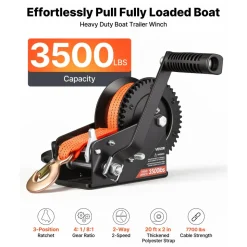 VEVOR Boat Winch, 3500 lbs Hand Winch, Heavy Duty Manual Rope Crank with 20ft Orange Polyester Strap, Portable Two-Way Ratchet, 2 Speed Switchable, Anti-Slip Handle Gear for Boat Trailer ATV Towing