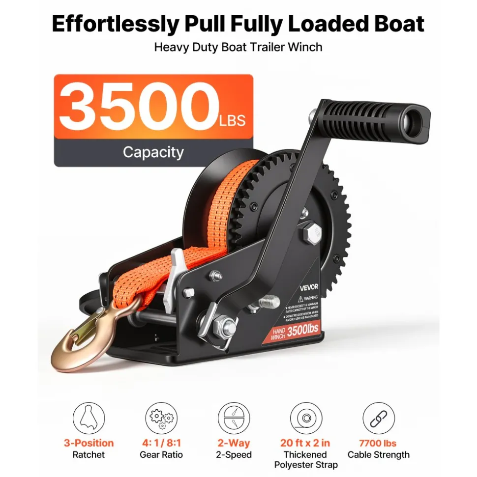 VEVOR Boat Winch, 3500 lbs Hand Winch, Heavy Duty Manual Rope Crank with 20ft Orange Polyester Strap, Portable Two-Way Ratchet, 2 Speed Switchable, Anti-Slip Handle Gear for Boat Trailer ATV Towing