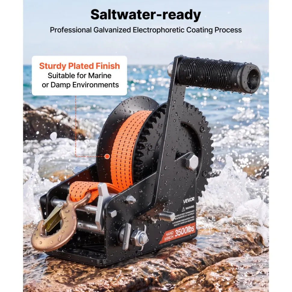VEVOR Boat Winch, 3500 lbs Hand Winch, Heavy Duty Manual Rope Crank with 20ft Orange Polyester Strap, Portable Two-Way Ratchet, 2 Speed Switchable, Anti-Slip Handle Gear for Boat Trailer ATV Towing