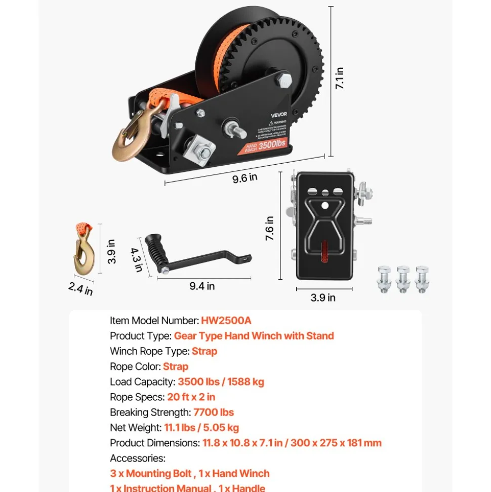 VEVOR Boat Winch, 3500 lbs Hand Winch, Heavy Duty Manual Rope Crank with 20ft Orange Polyester Strap, Portable Two-Way Ratchet, 2 Speed Switchable, Anti-Slip Handle Gear for Boat Trailer ATV Towing